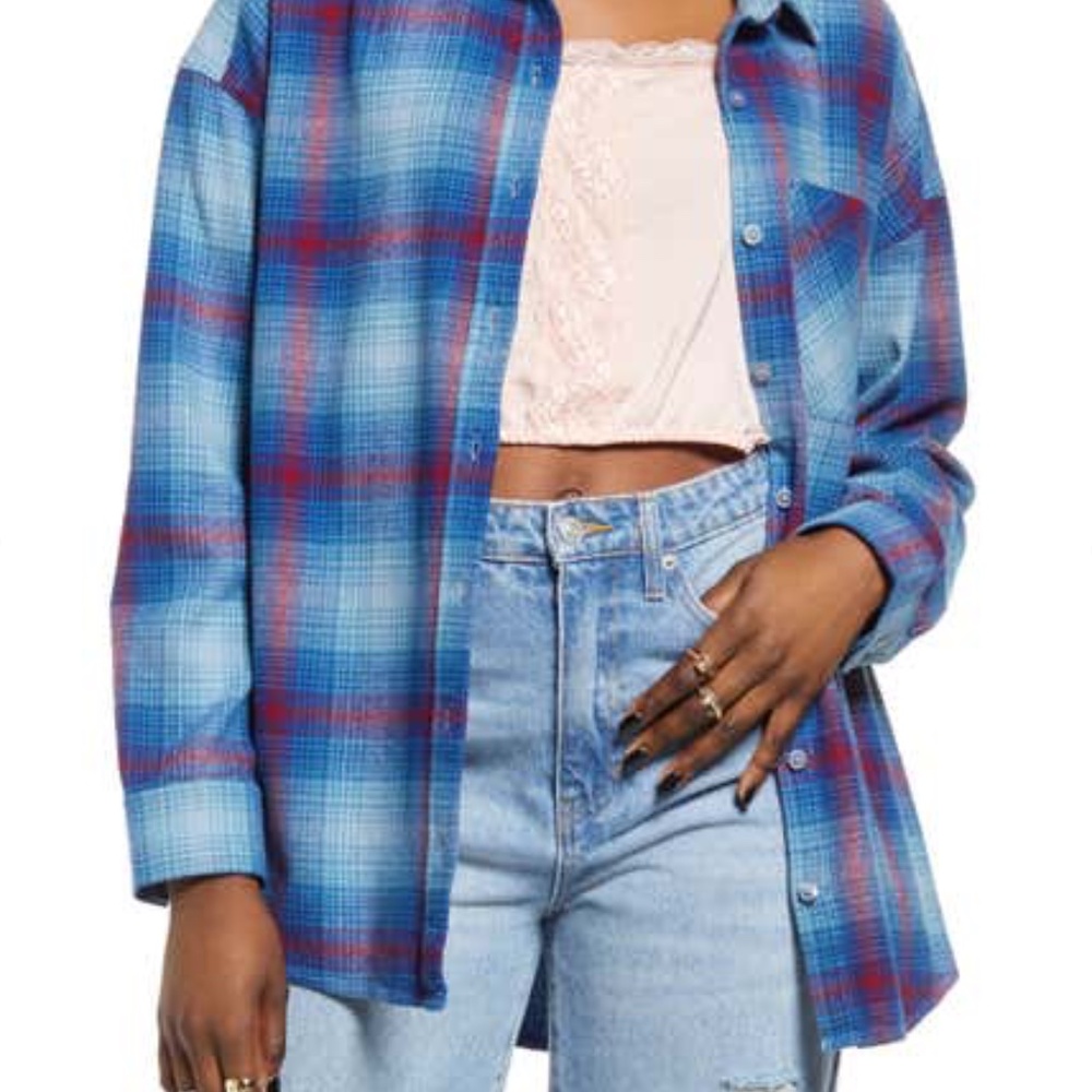 BP. Boyfriend Plaid Shirt Small, BLUE- RED WINDOW OMBRE